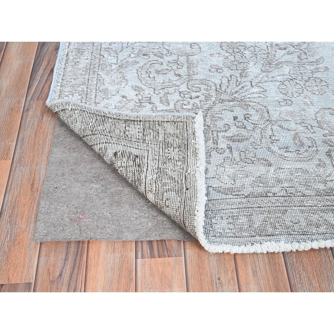 Cloud Gray White Wash Semi Antique Tabriz Cropped Thin Oriental Rug - 4