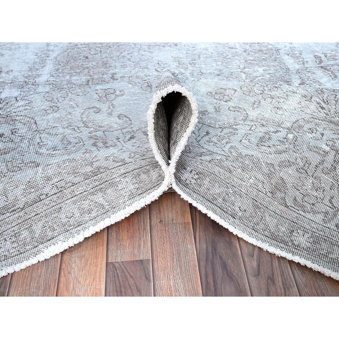 Cloud Gray White Wash Semi Antique Tabriz Cropped Thin Oriental Rug - 5