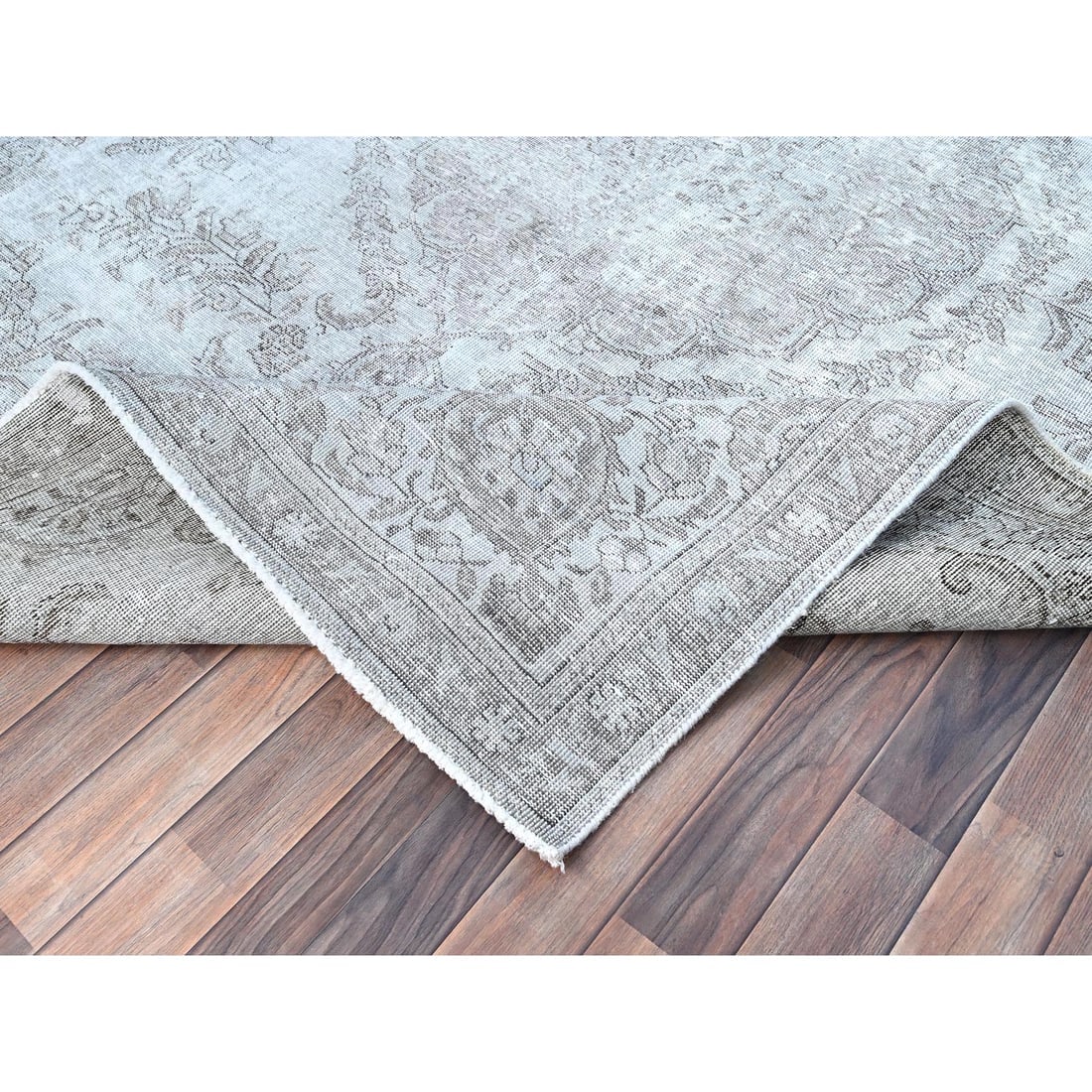 Cloud Gray White Wash Semi Antique Tabriz Cropped Thin Oriental Rug - 6
