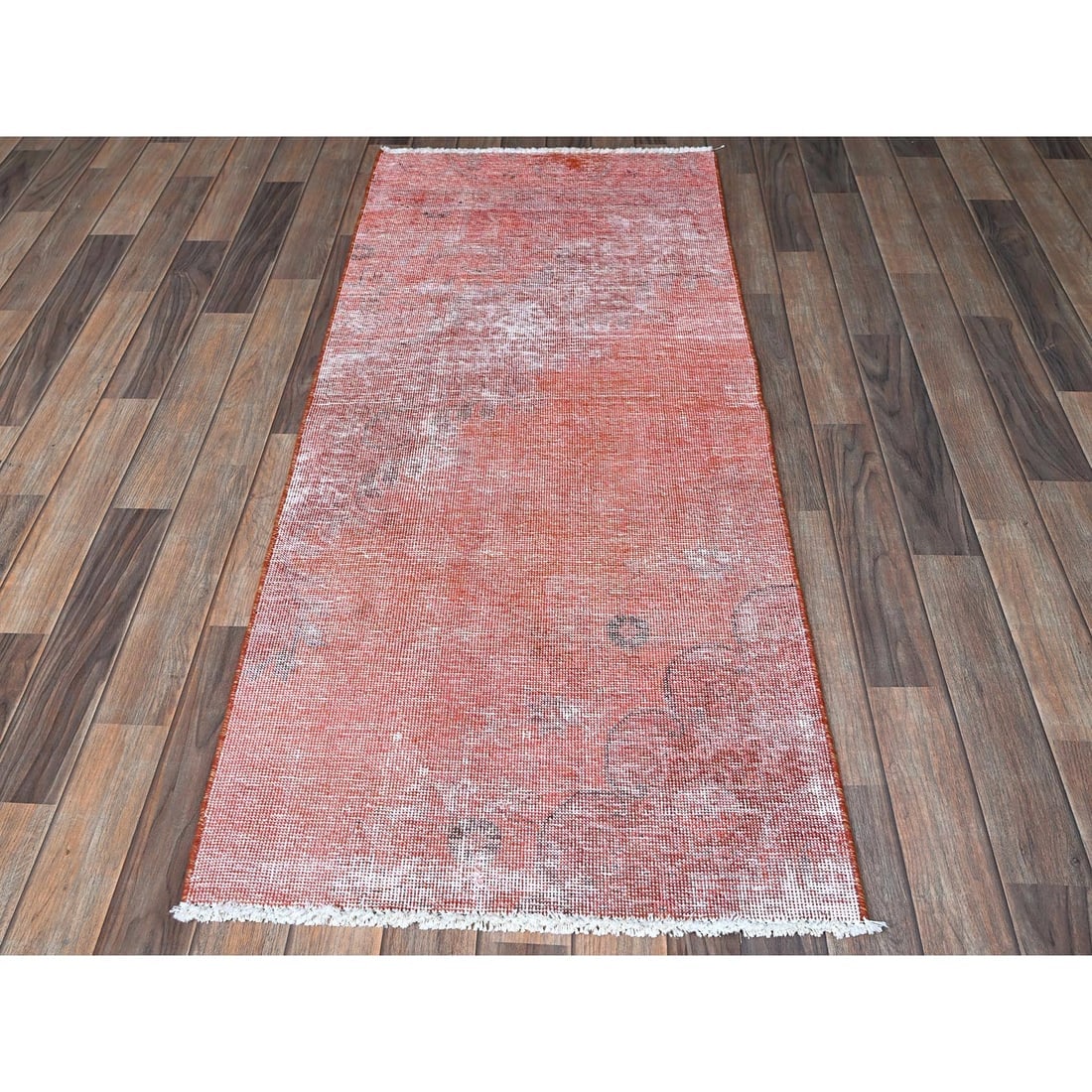 Red Overdyed Vintage Persian Tabriz Hand Knotted Pure Wool Runner Rug - 2