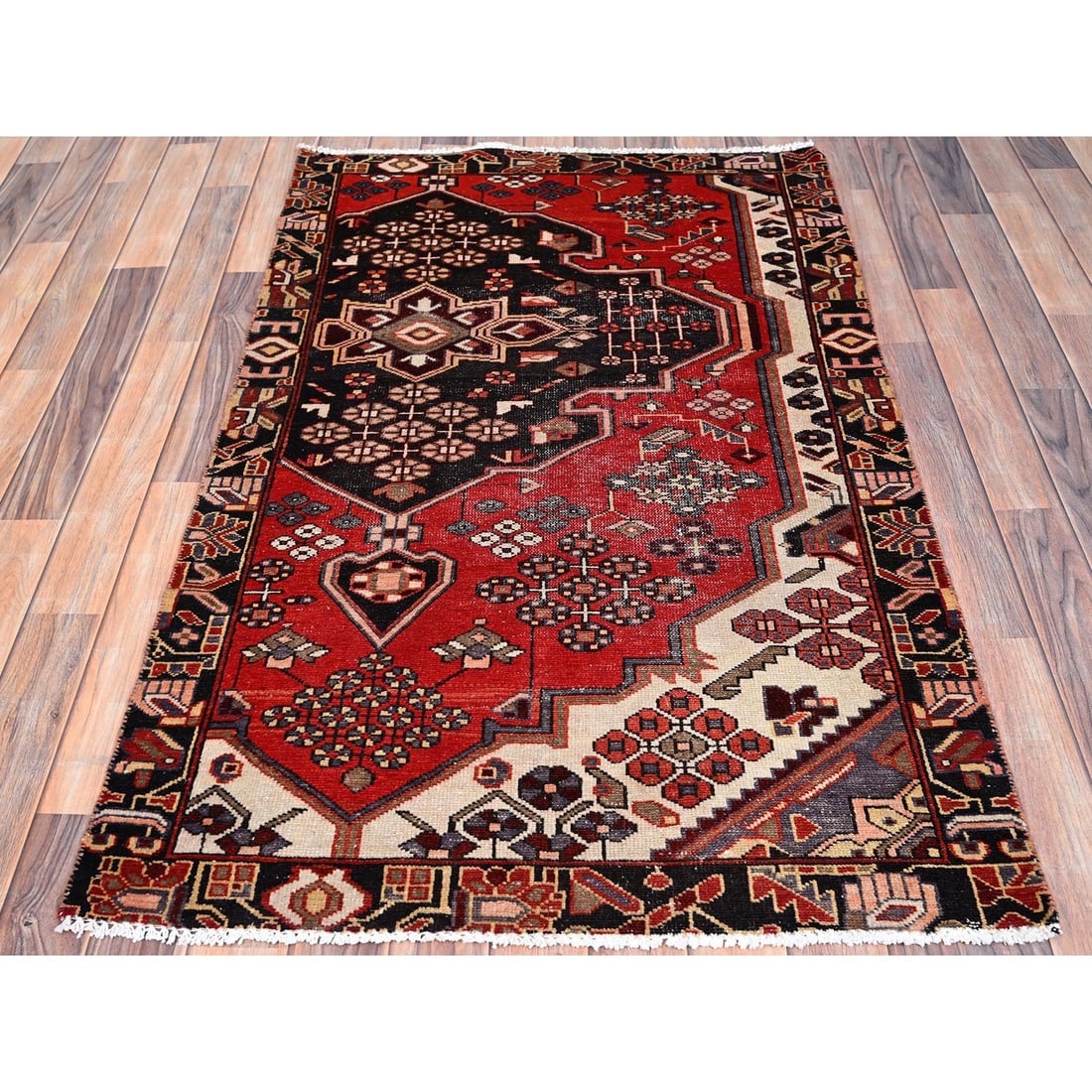 Ferrari Red Vintage Zoroastrian Bakhtiari Worn Wool Clean Oriental Rug - 2