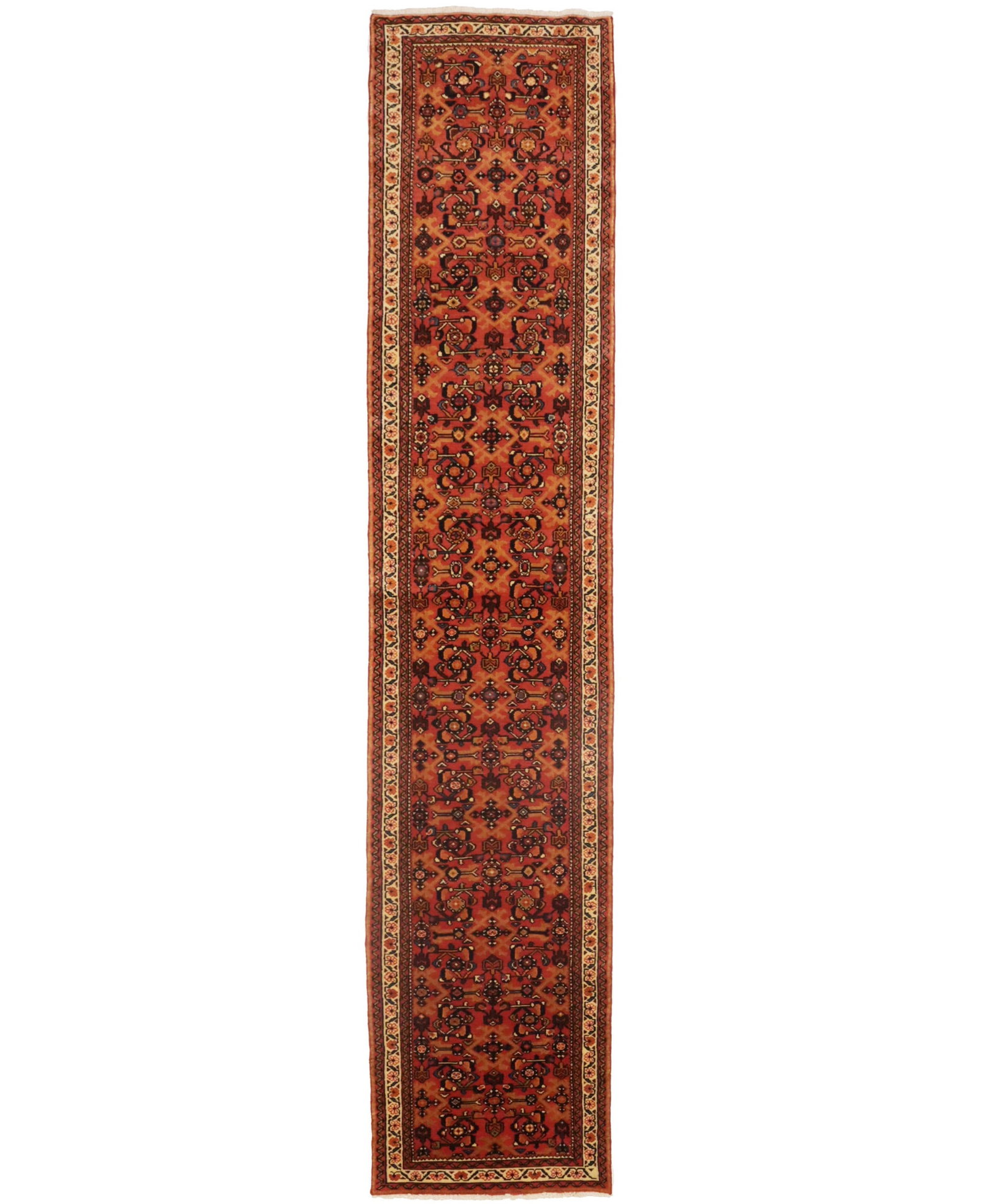 Vintage Coral Red Tribal 2'6X12'7 Hossainabad Persian Runner Rug (1 of 15)