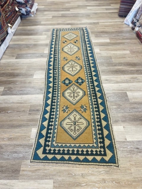 Antique Turkish Runner-5365: Title:Antique Turkish Runner-5365 Description:Beautiful antique Turkish Runner from Central Turkey, size 2 ft. 7 inches by 8 ft. 8 inches, circa 1940 in excellent condition on olive- Green field. Desc