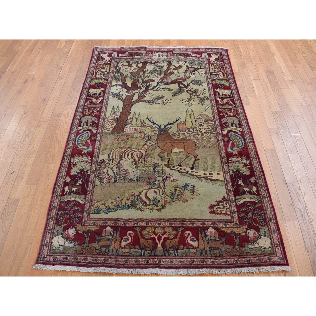White Antique Persian Pictorial Kashan Pictorial Hand Knotted Wool Rug - 2