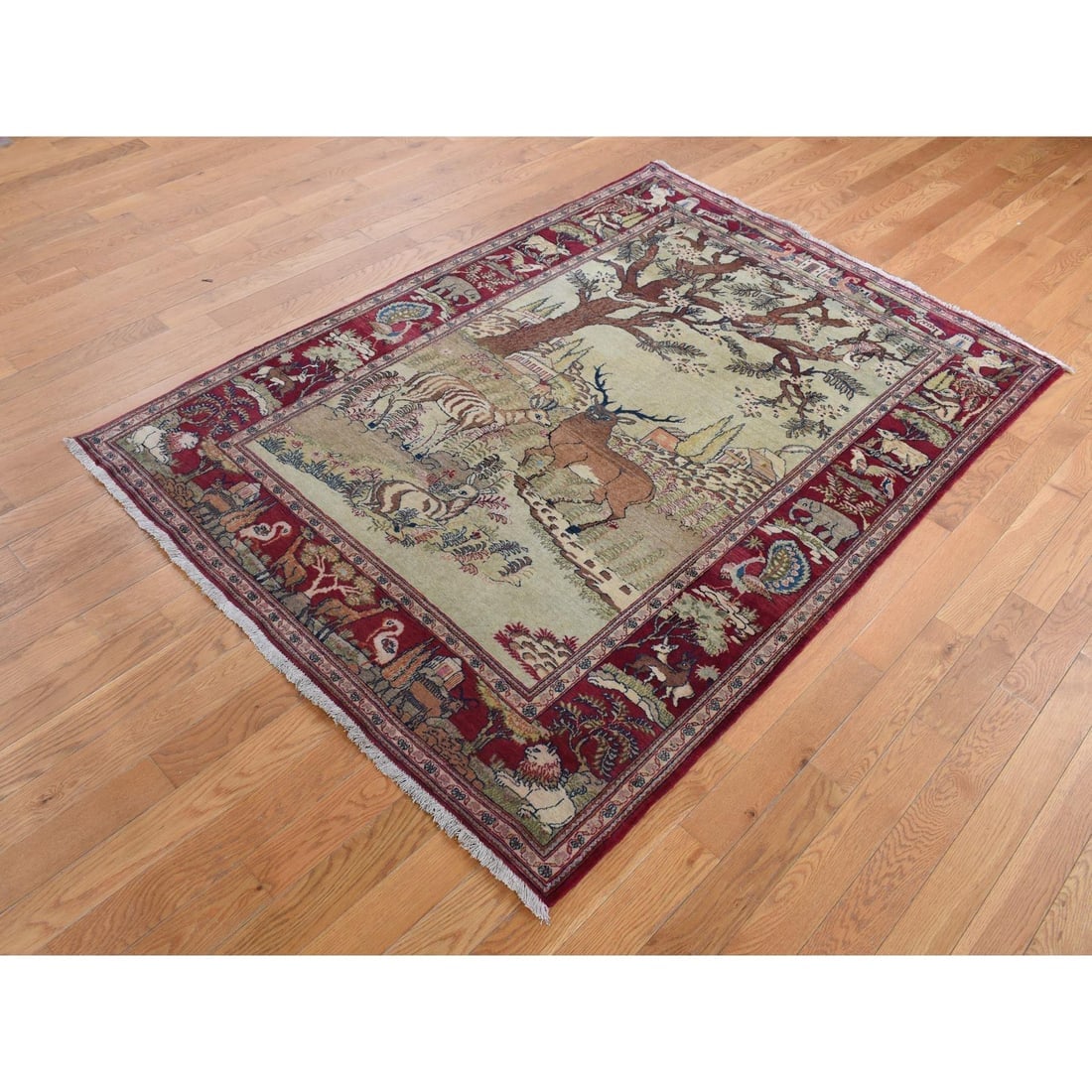 White Antique Persian Pictorial Kashan Pictorial Hand Knotted Wool Rug - 3