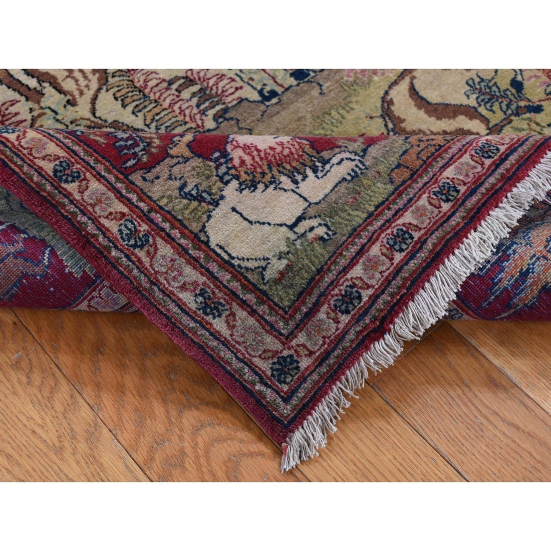 White Antique Persian Pictorial Kashan Pictorial Hand Knotted Wool Rug - 5
