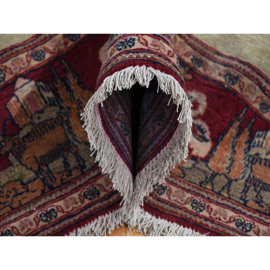 White Antique Persian Pictorial Kashan Pictorial Hand Knotted Wool Rug - 6