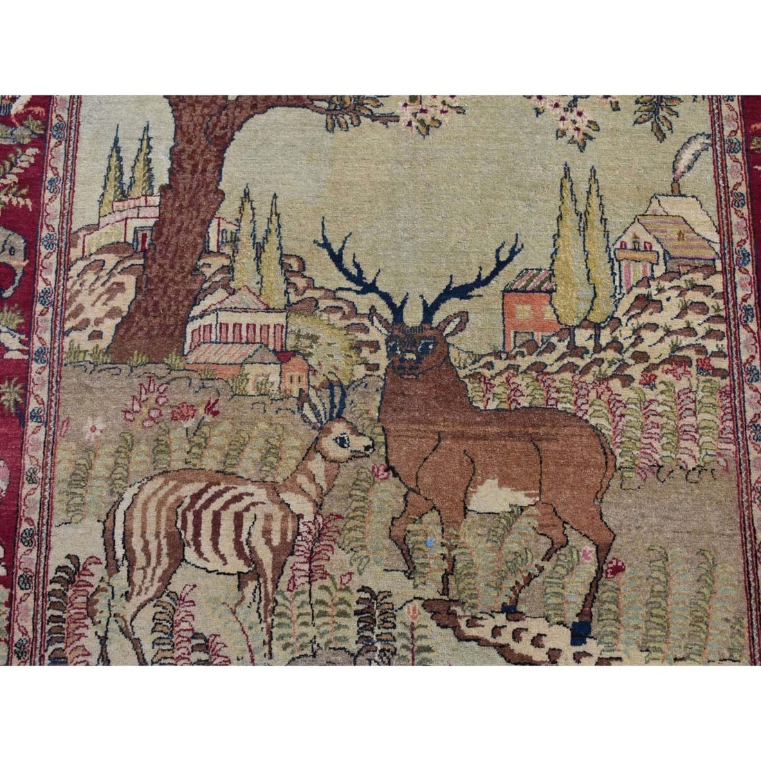 White Antique Persian Pictorial Kashan Pictorial Hand Knotted Wool Rug - 8