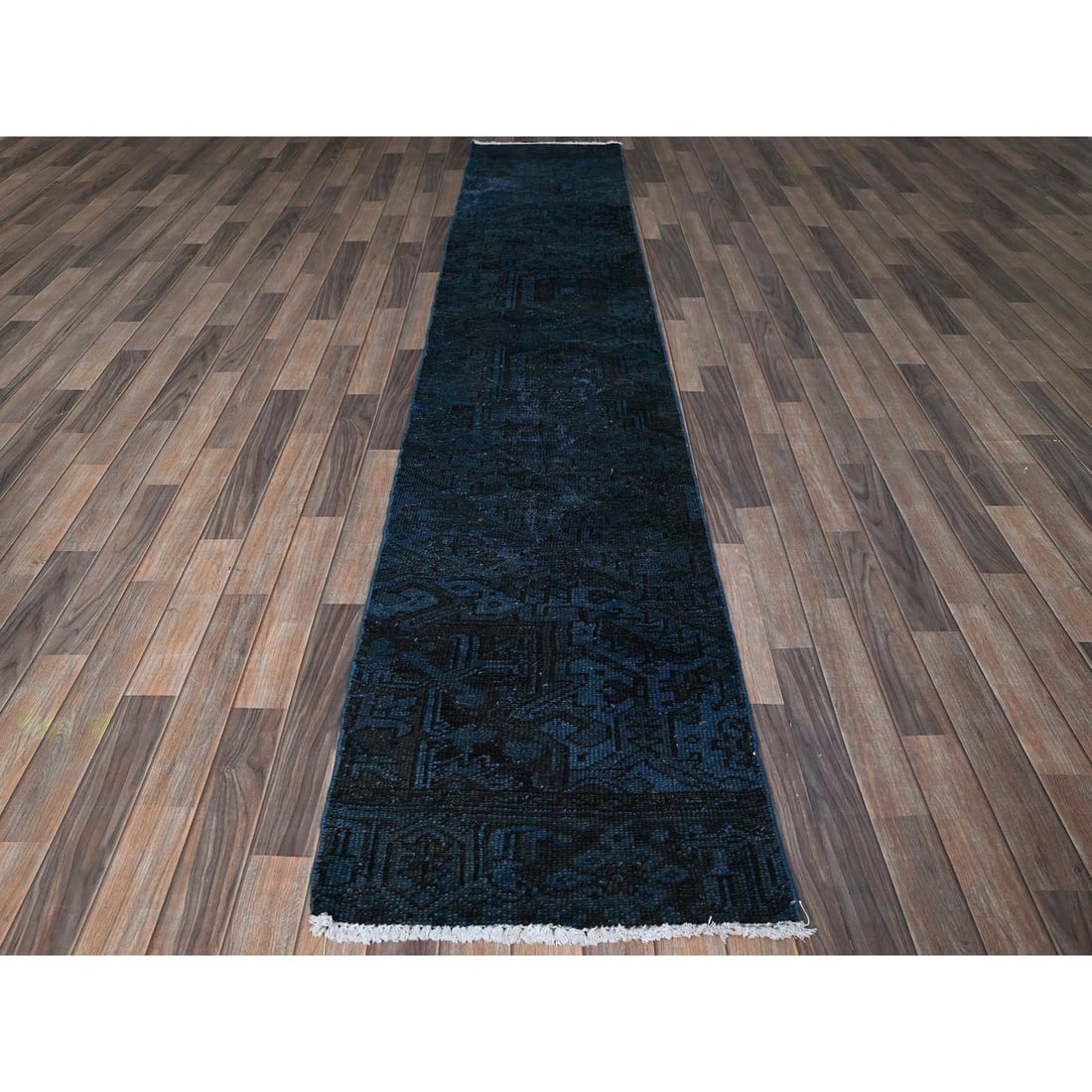 Navy Blue Overdyed Vintage Persian Tabriz Hand Knotted Wool Runner Rug - 2