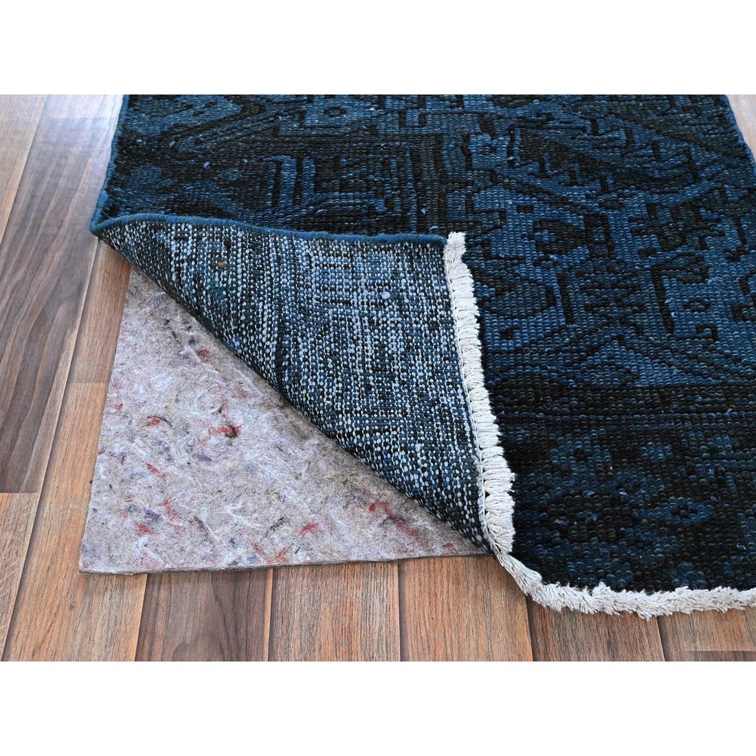 Navy Blue Overdyed Vintage Persian Tabriz Hand Knotted Wool Runner Rug - 3