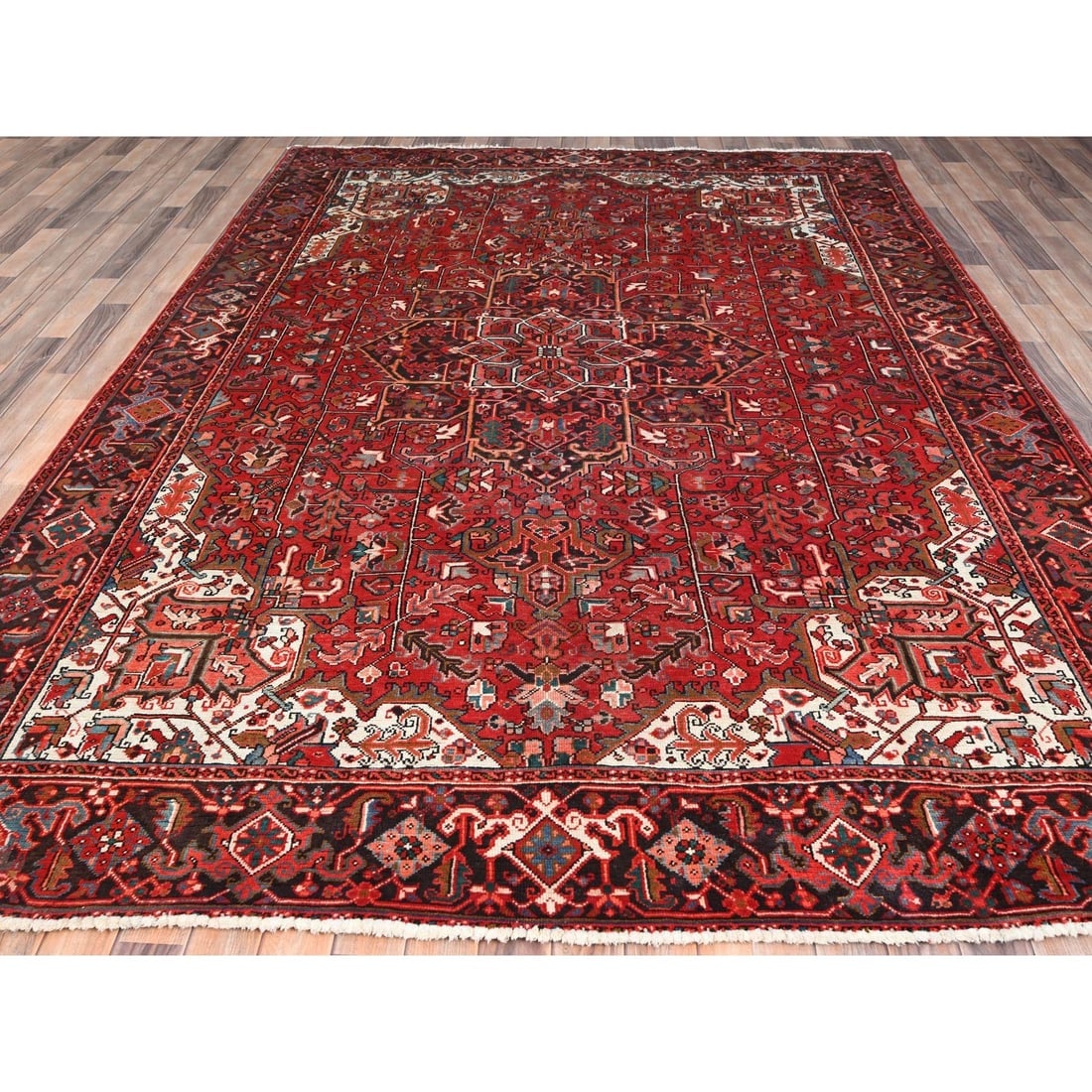 Chili Red, Worn Wool, Hand Knotted, Semi Antique Persian Heriz Rug - 2
