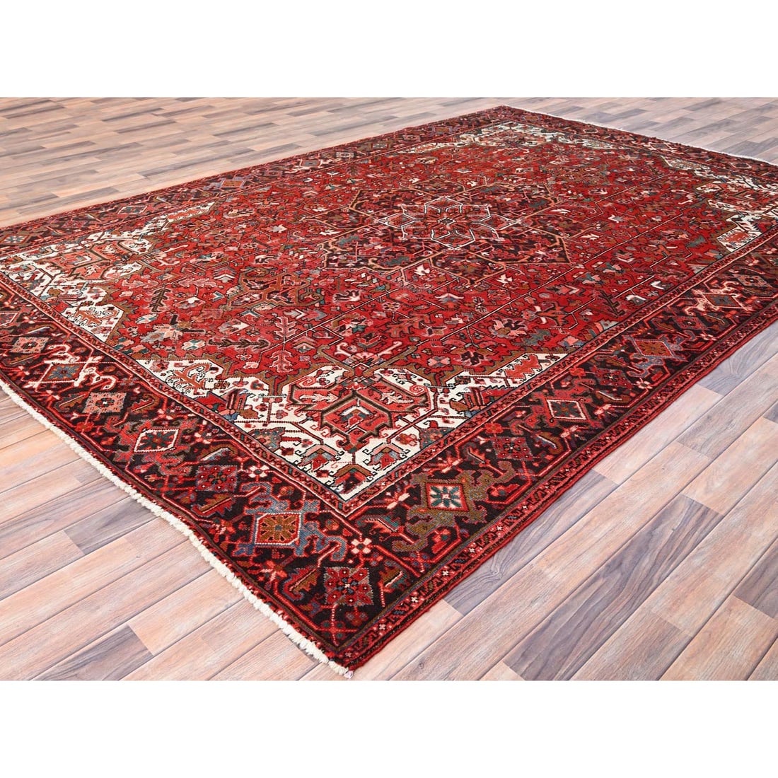 Chili Red, Worn Wool, Hand Knotted, Semi Antique Persian Heriz Rug - 3