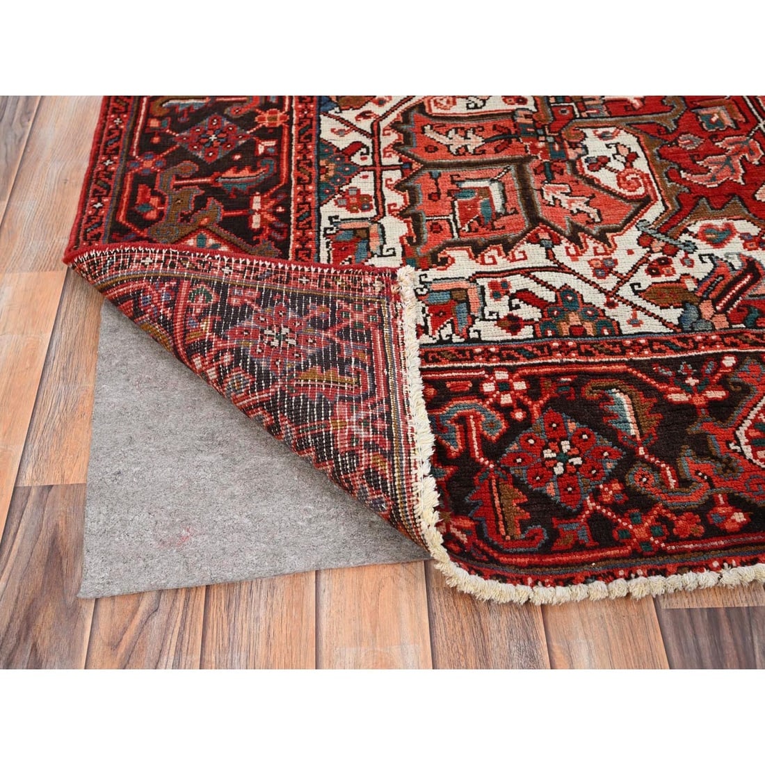 Chili Red, Worn Wool, Hand Knotted, Semi Antique Persian Heriz Rug - 4
