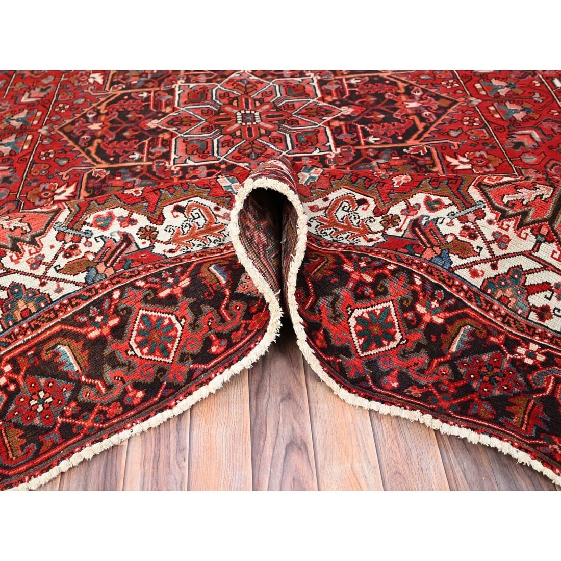 Chili Red, Worn Wool, Hand Knotted, Semi Antique Persian Heriz Rug - 5