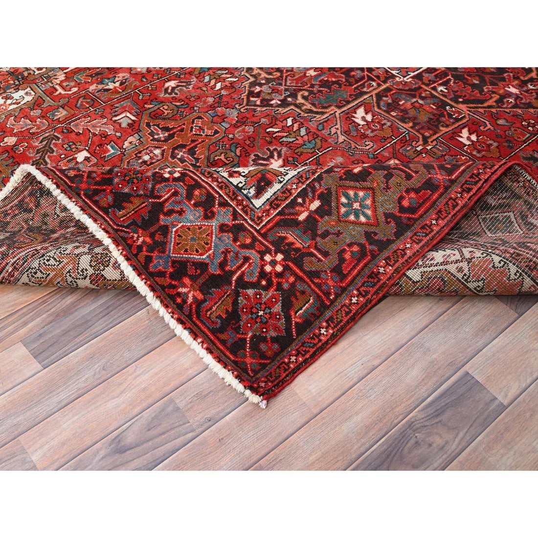 Chili Red, Worn Wool, Hand Knotted, Semi Antique Persian Heriz Rug - 6