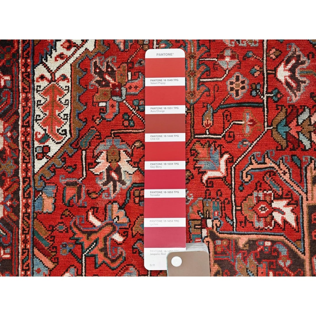 Chili Red, Worn Wool, Hand Knotted, Semi Antique Persian Heriz Rug - 7