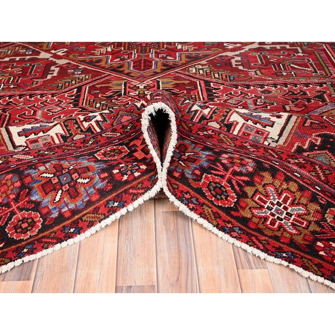 Desire Red, Pure Wool, Hand Knotted, Vintage Persian Heriz Rug - 5