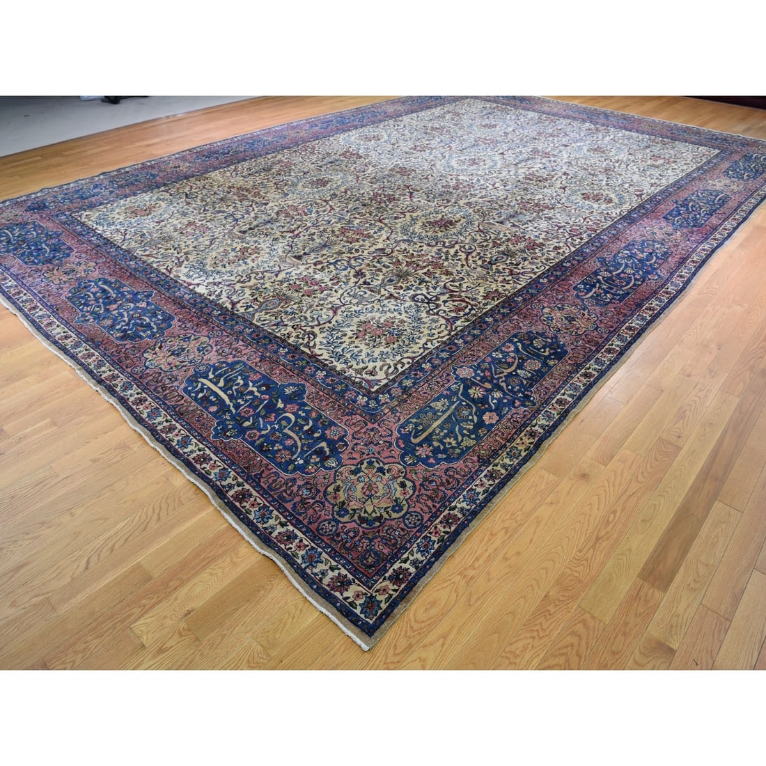 White Antique Persian Kerman Hand Knotted Pure Wool Oversized Rug - 3