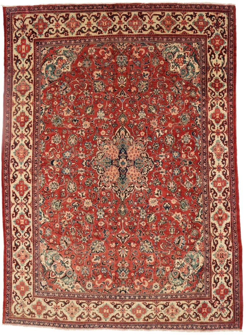 Vintage Orange-red Traditional 10X14 Mahal Persian Rug: Title:Vintage Orange-red Traditional 10X14 Mahal Persian Rug Description:Handmade vintage 10X14 orange-red Persian rug made with natural dyes (fine wool pile and cotton foundation), superior knot