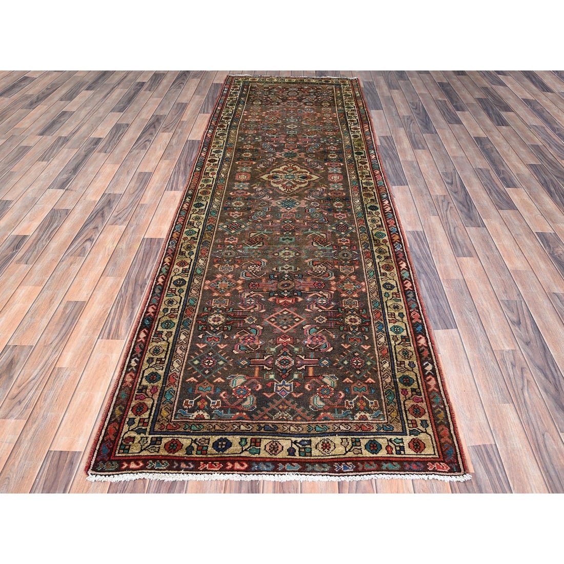 Brown Semi Antique Hand Knotted Hamadan Wool Wide and Long Runner Rug - 2