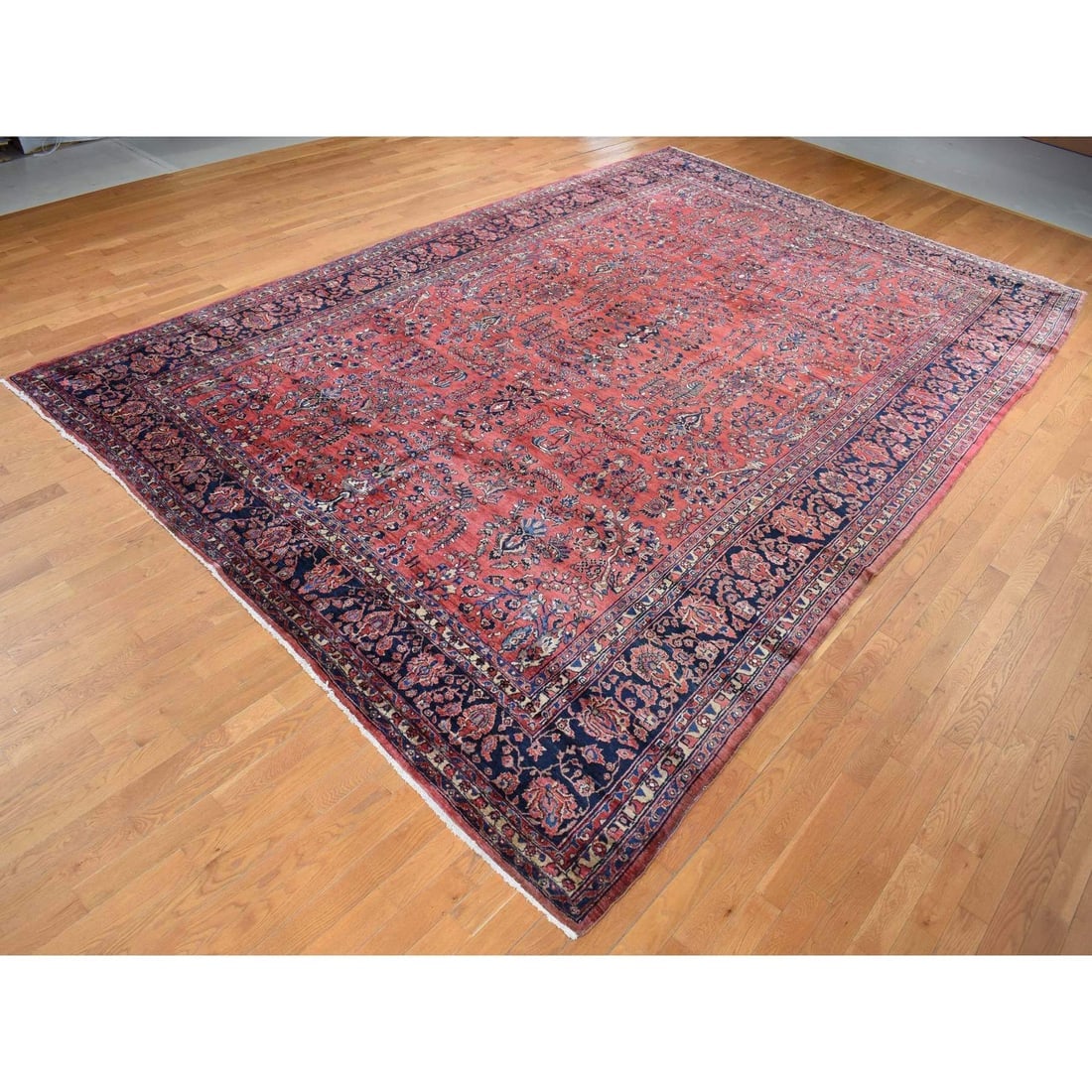 Ruby Red Antique Persian Sarouk Pure Wool Hand Knotted Clean Rug - 3