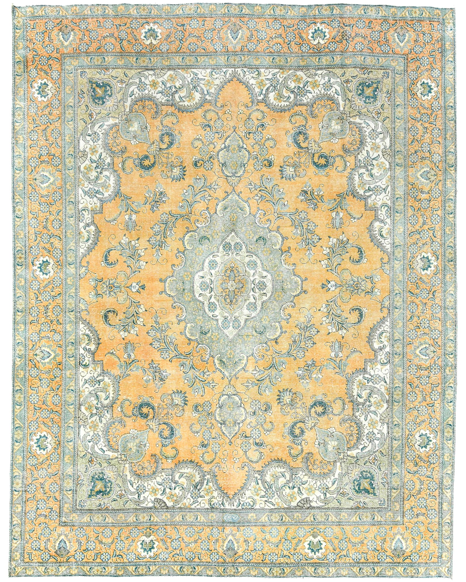 Semi Antique Muted Floral 10X12 Distressed Vintage Oriental Rug: Title:Semi Antique Muted Floral 10X12 Distressed Vintage Oriental Rug Description: Hand-knotted in Pakistan, this semi-antique rug reflects the detailed craftsmanship Traditional floral design