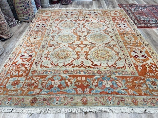 Vintage Turkish Ushak Rug-5336: Title:Vintage Turkish Ushak Rug-5336 Description:An antique Turkish Ushak design rug from central persia, size 9 ft. 2 inches by 11 ft. 2 inches, circa 1980 with a soft colr background and excellent