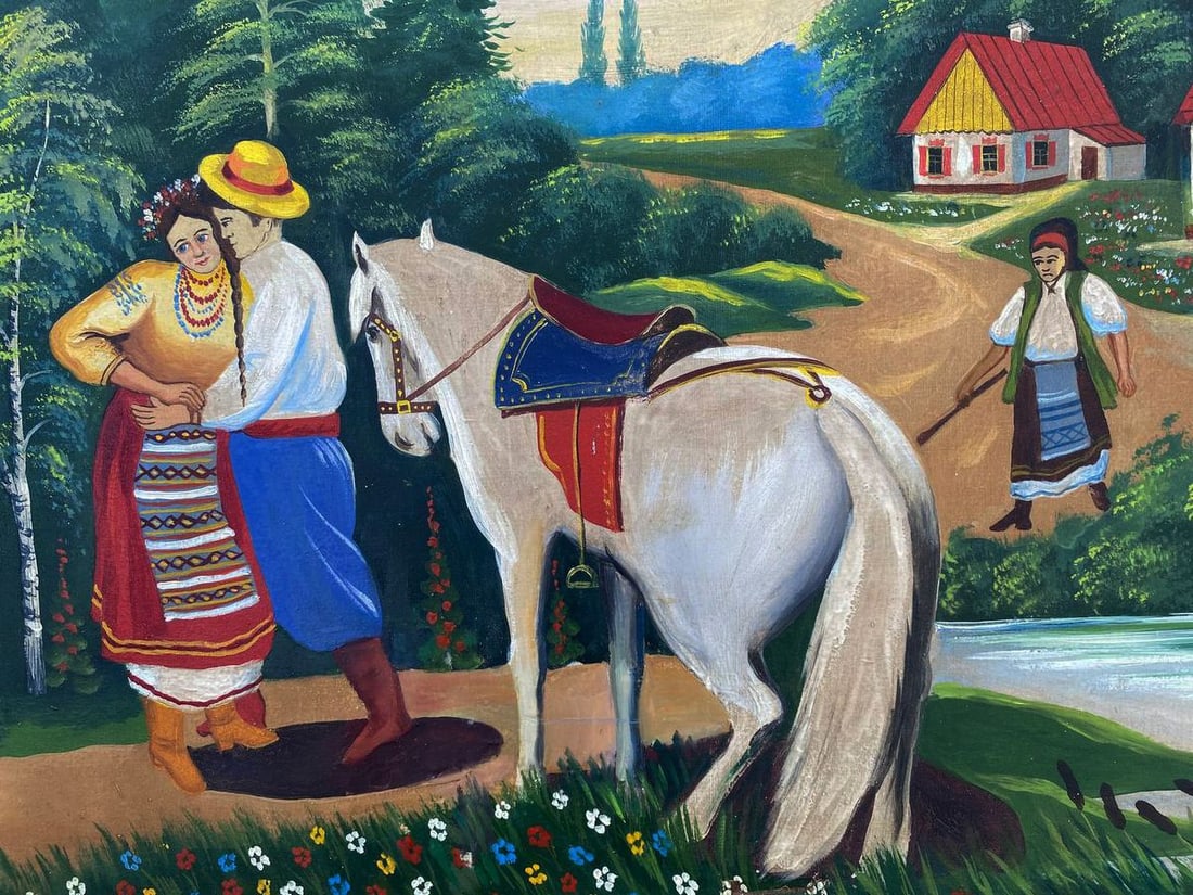 Oil painting Young couple and white horse Unknown artist - 2