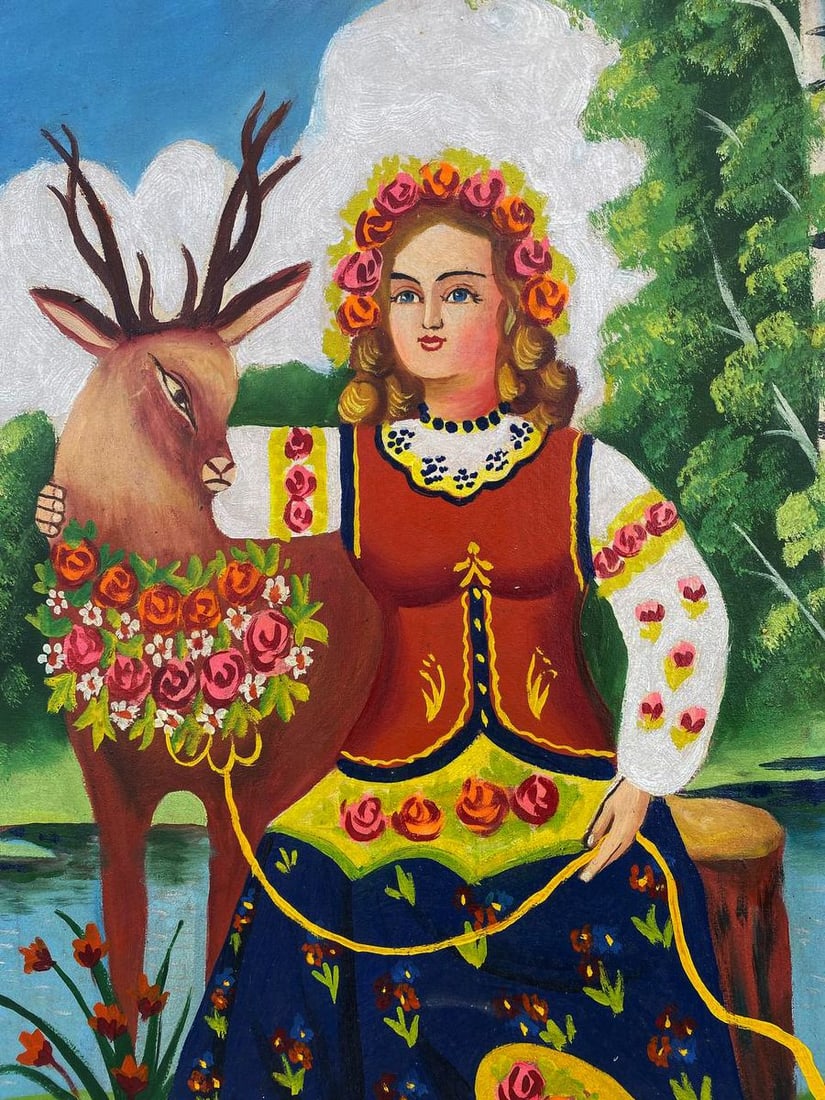 Oil painting Portrait of a girl and a deer Unknown artist - 3