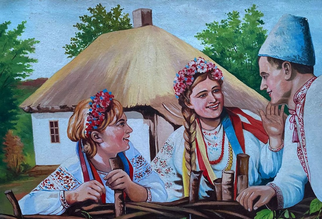 Oil painting Young people near the house Unknown artist - 2