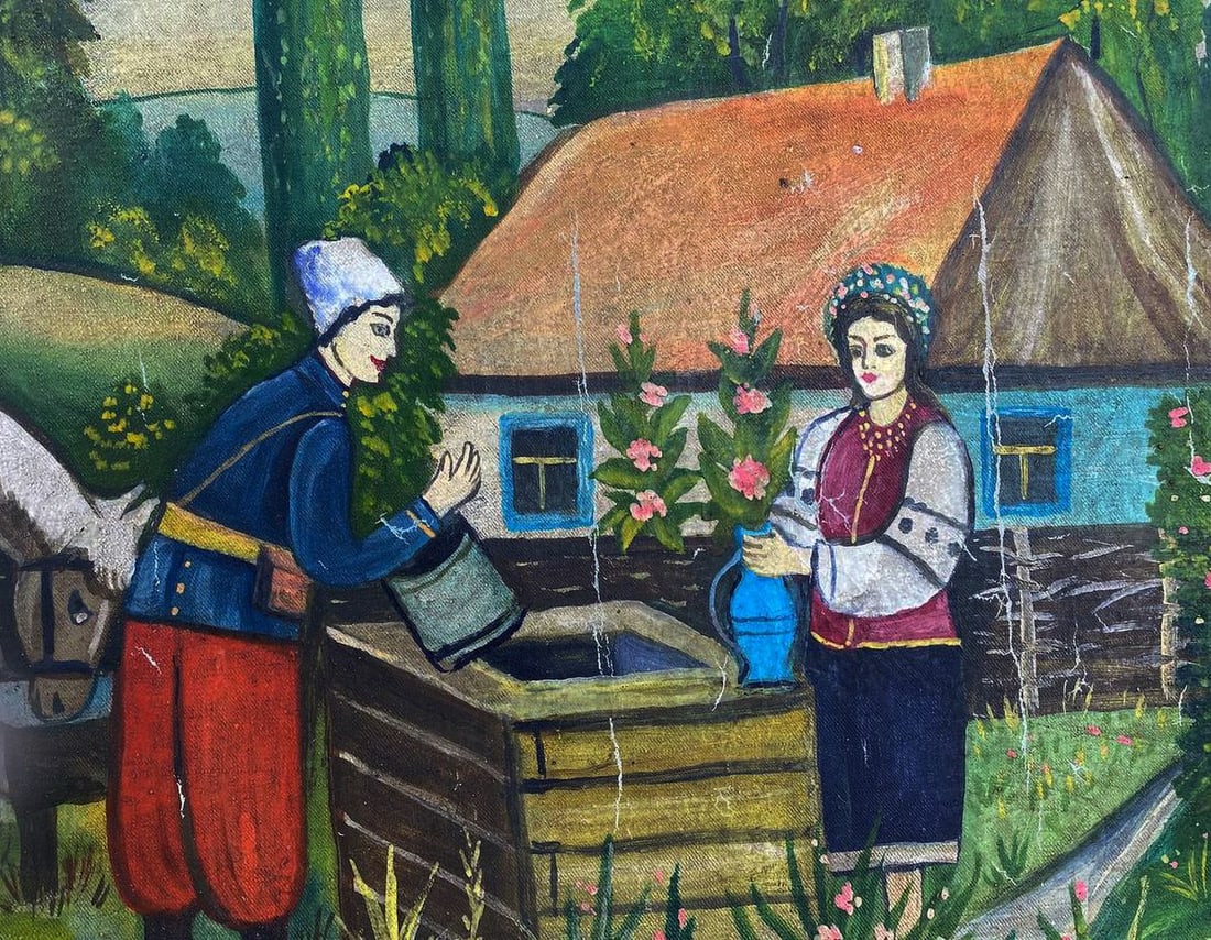 Oil painting A girl with a guy near a well Unknown artist - 2