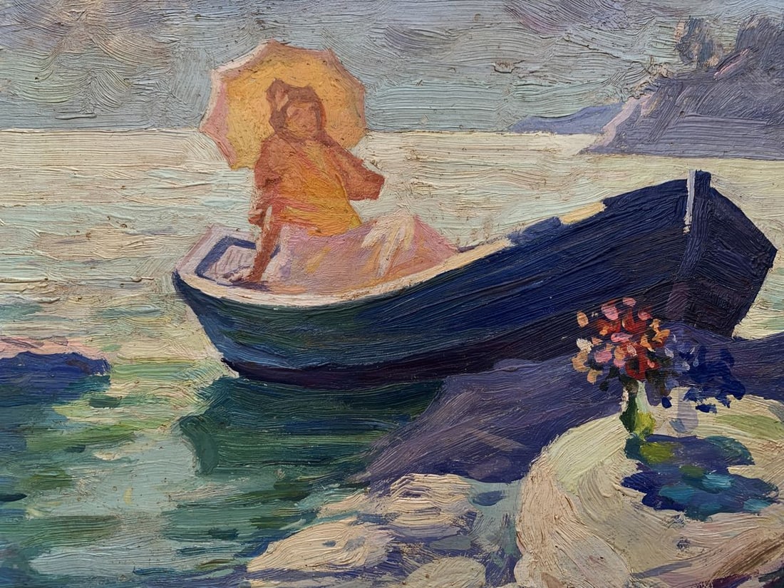 Oil painting Girl in a boat near the shore Unknown artist - 2