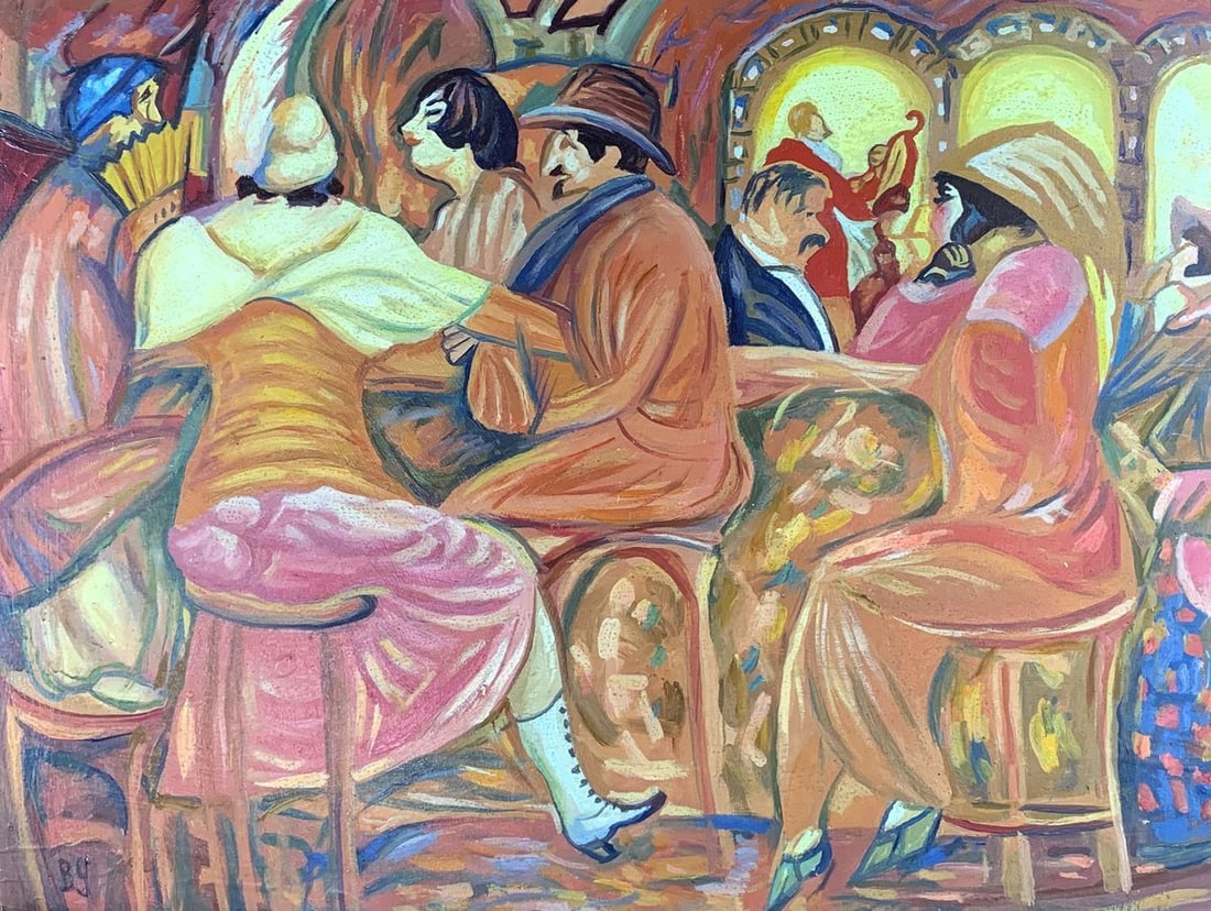 Oil painting French cafe (based on Boris Grigoriev) Victor Konotopsky: 1655This vibrant painting, inspired by the expressive style of Boris Grigoriev, captures the bustling energy and social intrigue of a Parisian cafe. The composition is alive with movement, color, and 