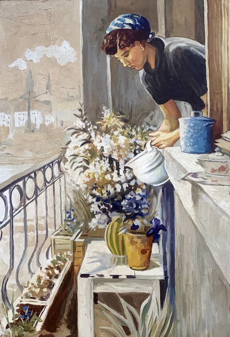 Oil painting On the balcony (based on Yuri Pimenov) V. Konotopsky - 2