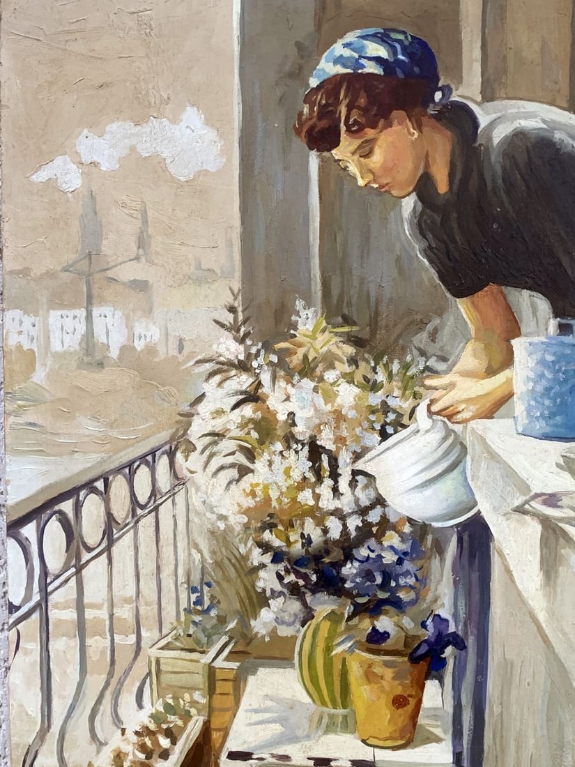 Oil painting On the balcony (based on Yuri Pimenov) V. Konotopsky - 4