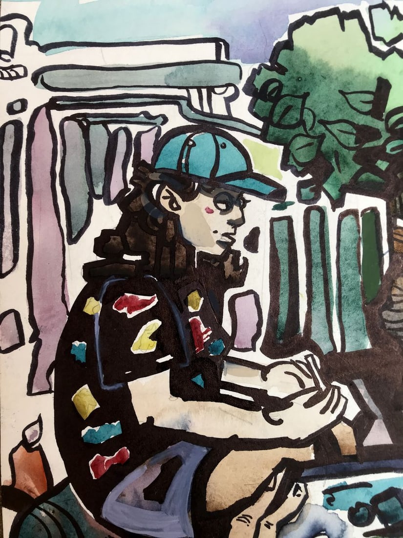 Gouache painting Rest in the yard Unknown artist - 4