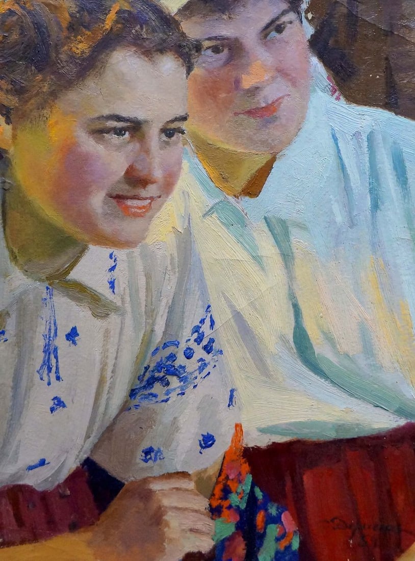 Oil painting Portrait of girls Dumenko Sergey Danilovich: Verns 424 *** ABOUT THIS PAINTING *** * TITLE: "Portrait of girls" * ARTISTS: Dumenko Sergey Danilovich * SIZE: 44.5x32 cm/17.51x12.59 inches' * MEDIUM: oil, cardboard * HAND PAINTED: Original