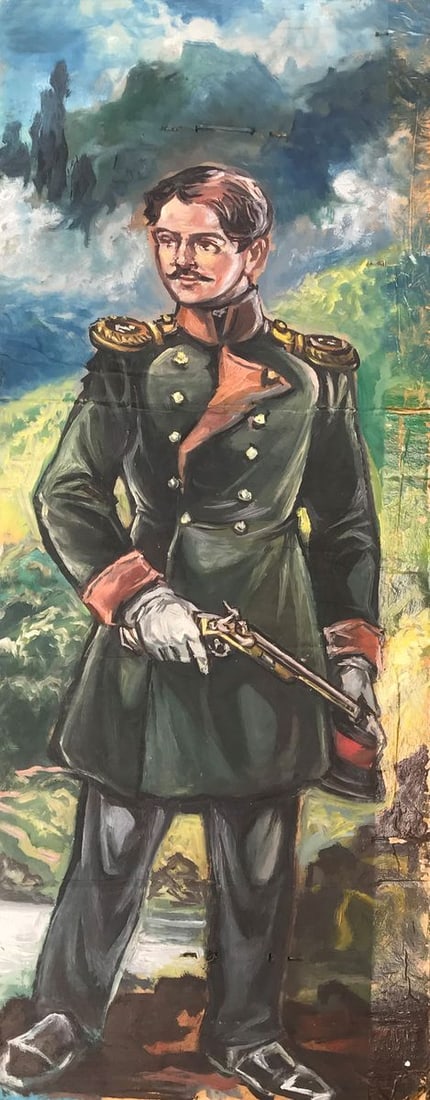 Oil painting Full length portrait of a soldier Alexander Arkadievich Litvinov: AAA2369 This nineteenth century oil painting features a full-length portrait of a european army soldier in his dress uniform. The soldier is holding his weapon, ready to defend his country. The