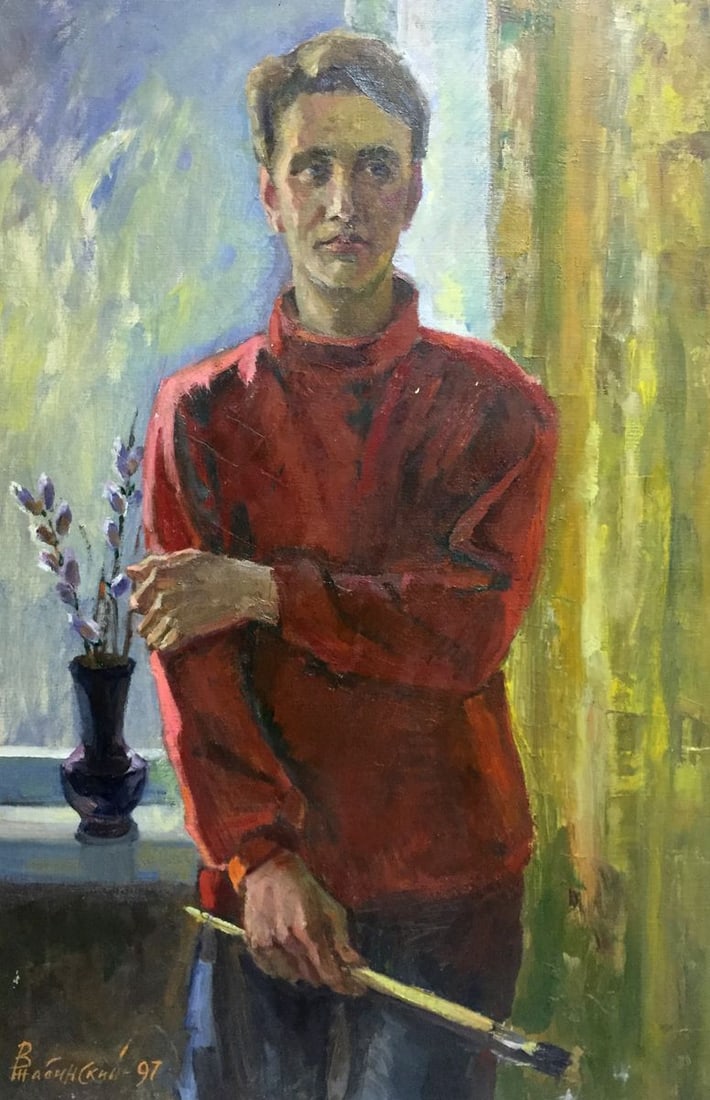 Oil painting Portrait of the artist Zhabinsky Leonid Andreevich: Vern 300 *** ABOUT THIS PAINTING *** * TITLE: "Portrait of the artist" * ARTISTS: Zhabinsky Leonid Andreevich * SIZE: 82x55 cm/32.28x21.65 inches' * MEDIUM: oil, canvas * HAND PAINTED: Original painti