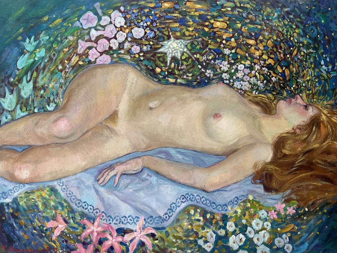 Oil painting Night in nature V. Mishurovsky: 258In "Night in Nature," Viktor Myshurovsky masterfully captures the ethereal beauty of a woman resting under the night sky, enveloped by the tranquility and mystery of nature. The painting depicts th