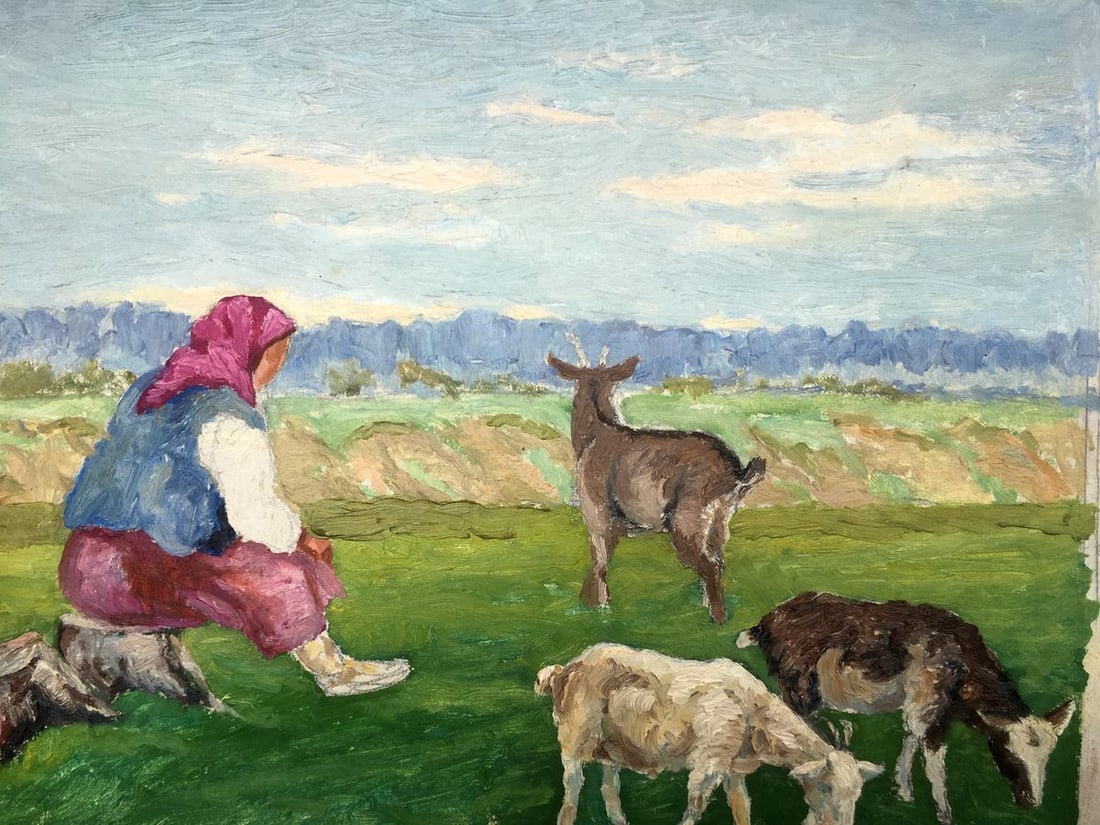 Oil painting Grandmother and goats Cherkas A.G. - 2