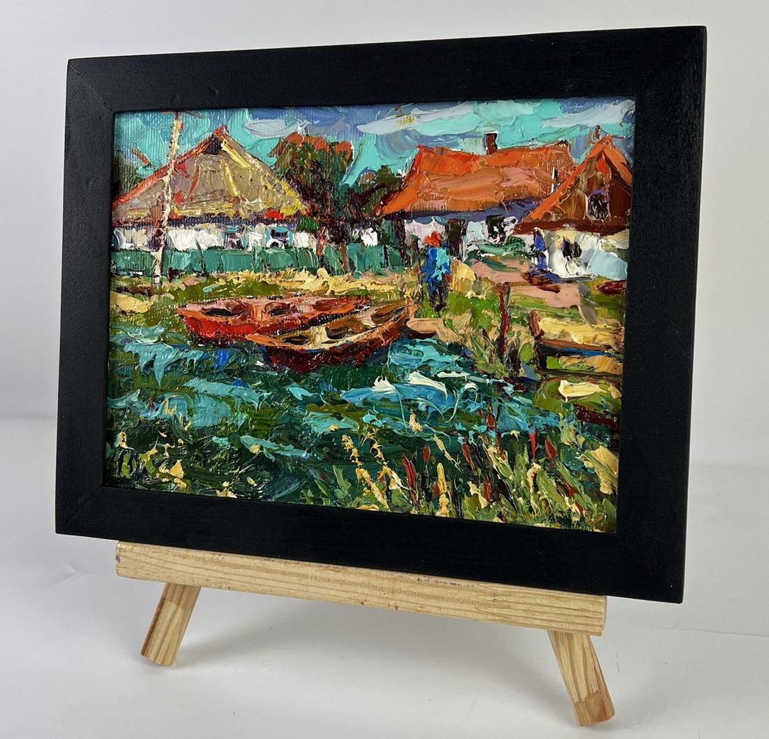 Oil painting Lake with boats in the village Oleksiy Ivanyuk - 2