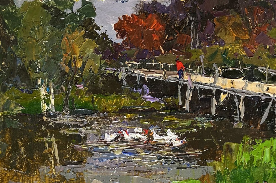 Oil painting Ducks on the lake near the bridge Oksana Kalenyuk - 7
