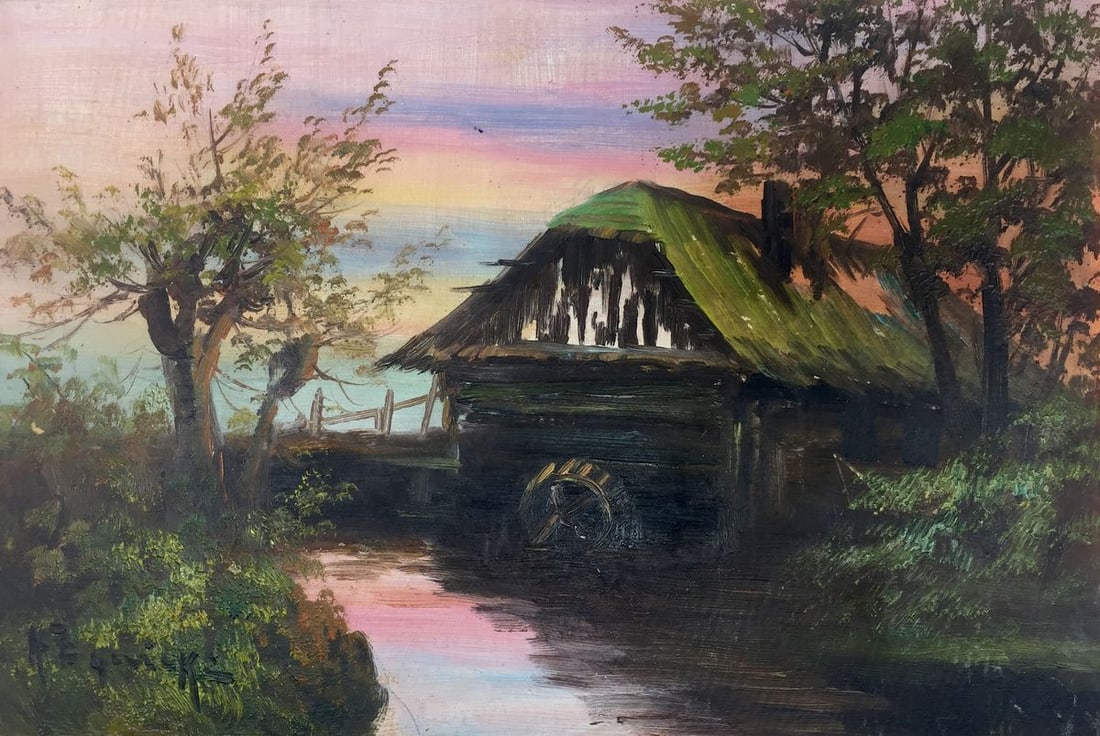 Oil painting House in the swamp: NoGS 168 *** ABOUT THIS PAINTING *** * TITLE: "House in the swamp" * SIZE: 22x32 cm/'8.66x12.59 inches' * MEDIUM: oil, cardboard * HAND PAINTED: Original painting from our collection * CONDITION: we t