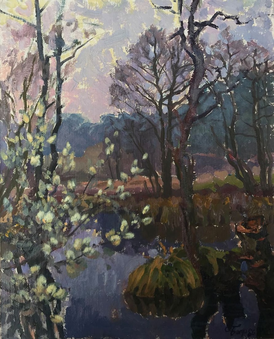 Oil painting Willow blossoms Batrakov Vladimir Grigorievich: NoAAA2033 This beautiful oil painting captures the essence of springtime. The scene shows a tranquil pond flanked by flowering willow bushes. The soft colors and gentle brushstrokes give the painting