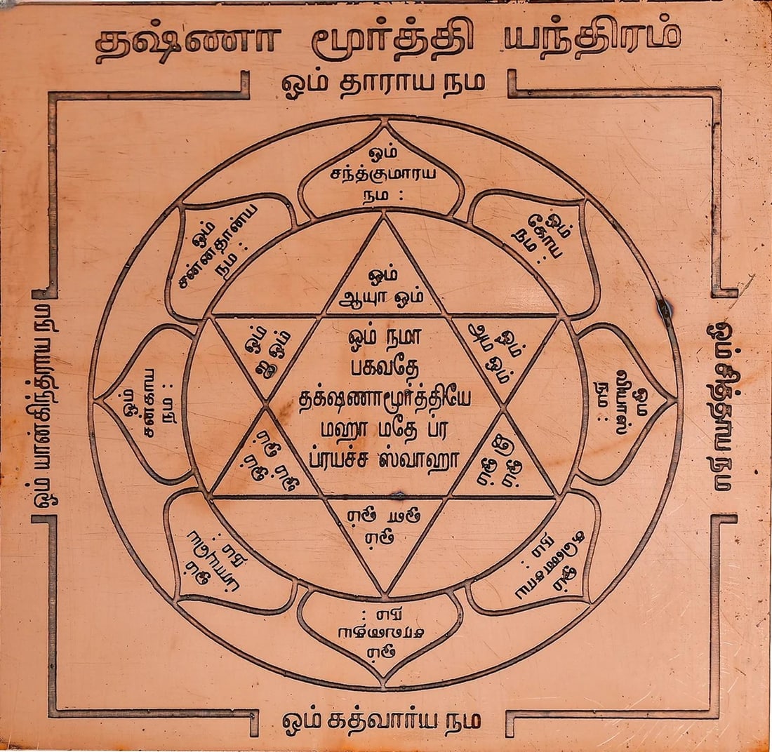 Shri Dakshinamurty Yantra: Title: Shri Dakshinamurty Yantra Description: Tantra Painting Reserve: $57.00 Shipping: Domestic: Shipping rates are determined by destination International: Foreign shipping rates are determined by d