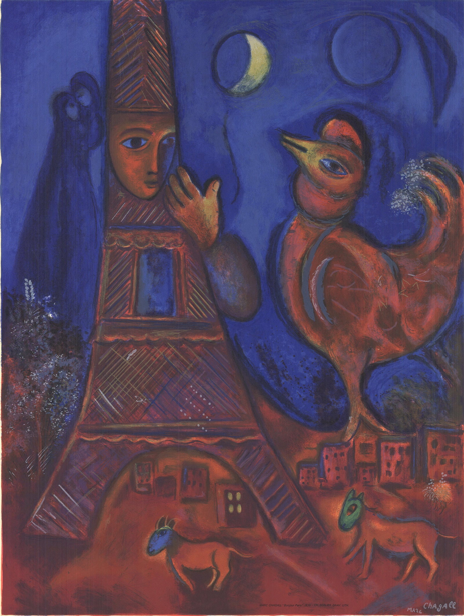 Marc Chagall - Good Morning Paris - 1972 Lithograph 34" x 22.25" - 2