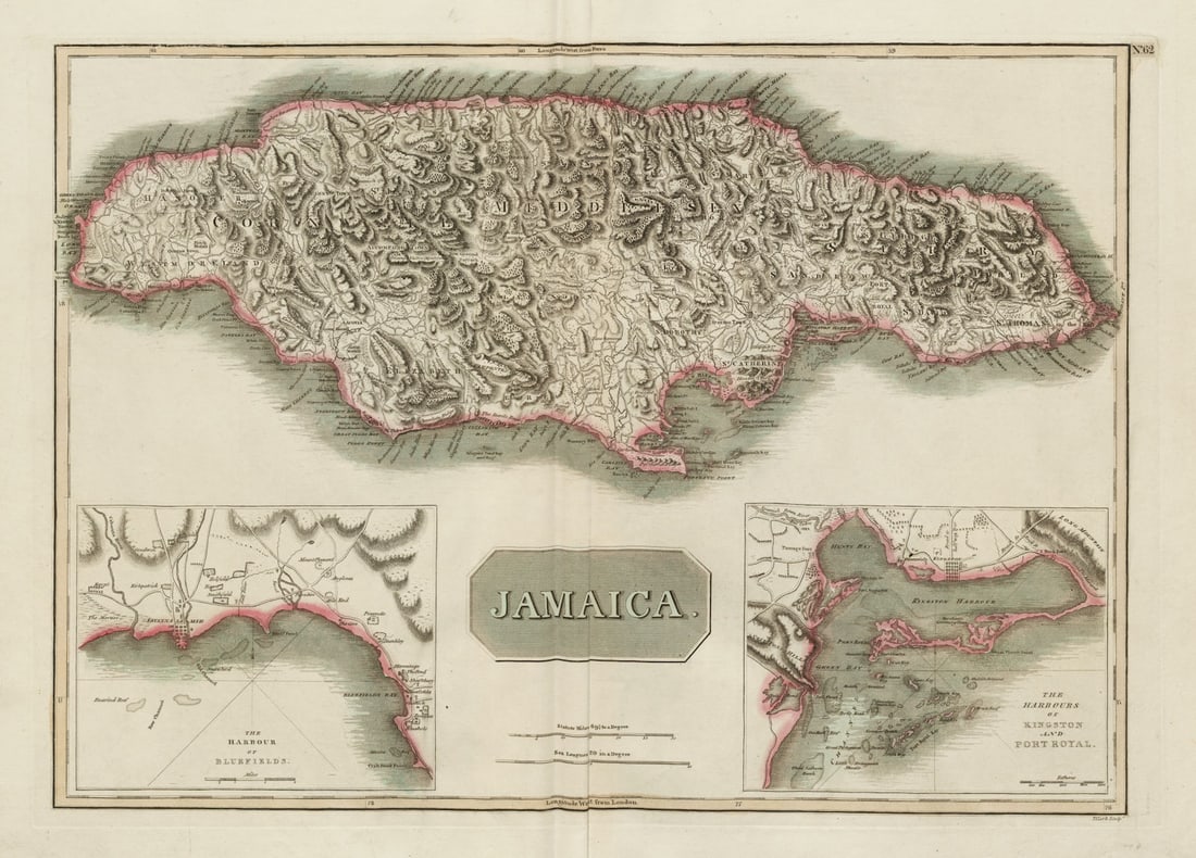 Jamaica. Kingston Port Royal Bluefields/Savanna-la-Mar inset. THOMSON 1817 map: Title: Jamaica. Kingston Port Royal Bluefields/Savanna-la-Mar inset. THOMSON 1817 map Description: Jamaica. The harbour of Bluefields, The harbours of Kingston and Port Royal'. Savanna La Mar . Drawn 