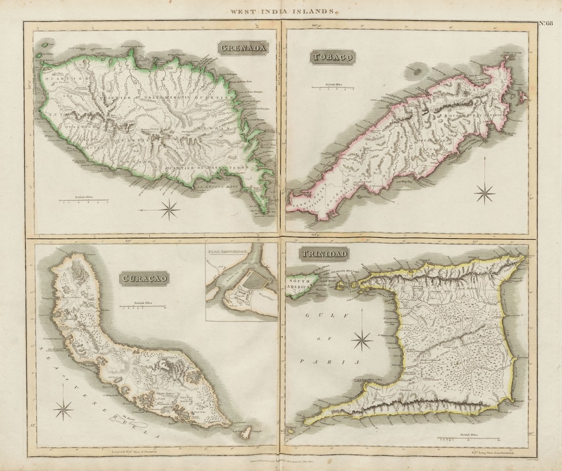Grenada, Tobago, Trinidad & Curaçao. West Indies Caribbean. THOMSON 1817 map: Title: Grenada, Tobago, Trinidad & Curaçao. West Indies Caribbean. THOMSON 1817 map Description: Grenada. Tobago. Trinidad. Curaçao'. Drawn & engraved by Samuel John Neele for John