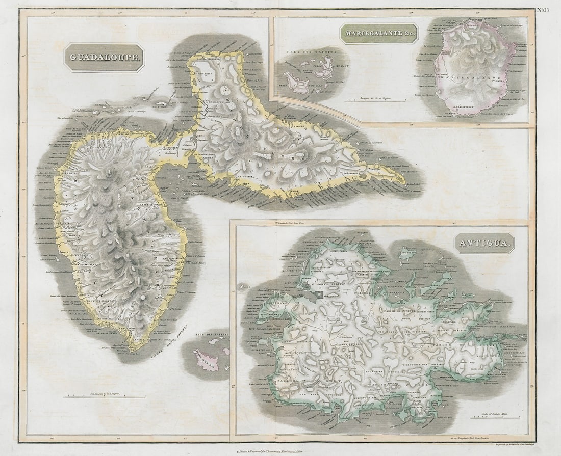 Antigua, Guadeloupe & Marie-Galante. West Indies Caribbean. THOMSON 1830 map: Title: Antigua, Guadeloupe & Marie-Galante. West Indies Caribbean. THOMSON 1830 map Description: Antigua // Guadaloupe // Mariegalante &c'. A map of the French and British Leeward islands of